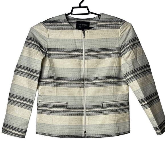 $698.00 Lafayette 148 New York Women Raffia Multi Striped‎ Blazer Jacket Large - Picture 1 of 15